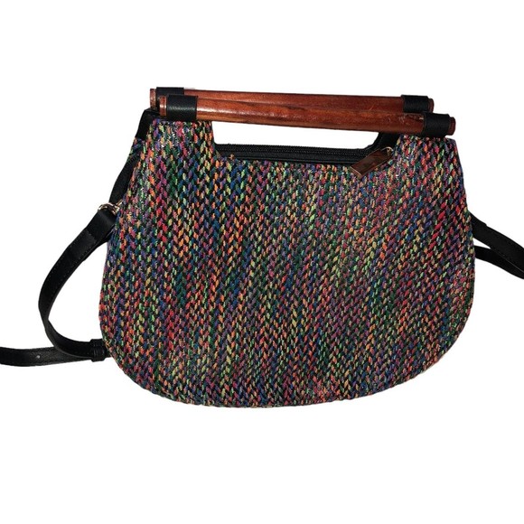 Multicolored Vegan Republic Handbag, Shoulder Purse, Adjustible Strap, Wood Hand - Picture 3 of 9